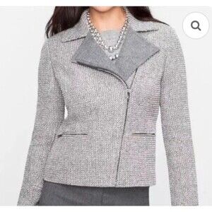 Talbots 16P Gray Tweed Wool Blend Moto Blazer Jacket Silver Metallic